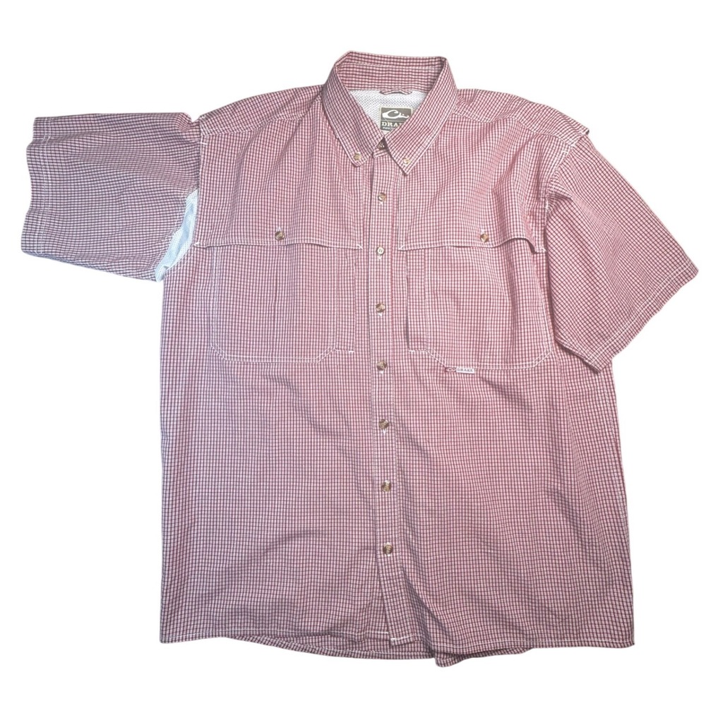 Drake Waterfowl Mens Large Red Gingham Plaid Short Sleeve Fishing Shirt Vented